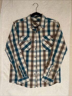 21Men Men's Plaid Button-Up Shirt Vest in Teal, Brown & White